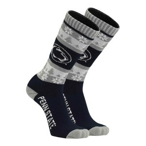 navy gray and white socks with Penn State Athletic Logo, snowflakes, and pine trees